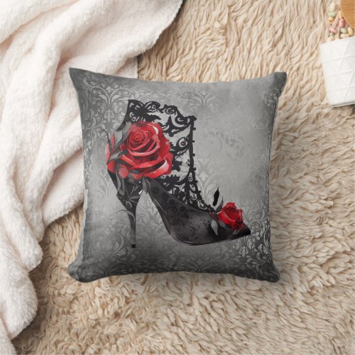 Vampy Vogue Grunge  Stiletto Lace Bootie Roses Throw Pillow