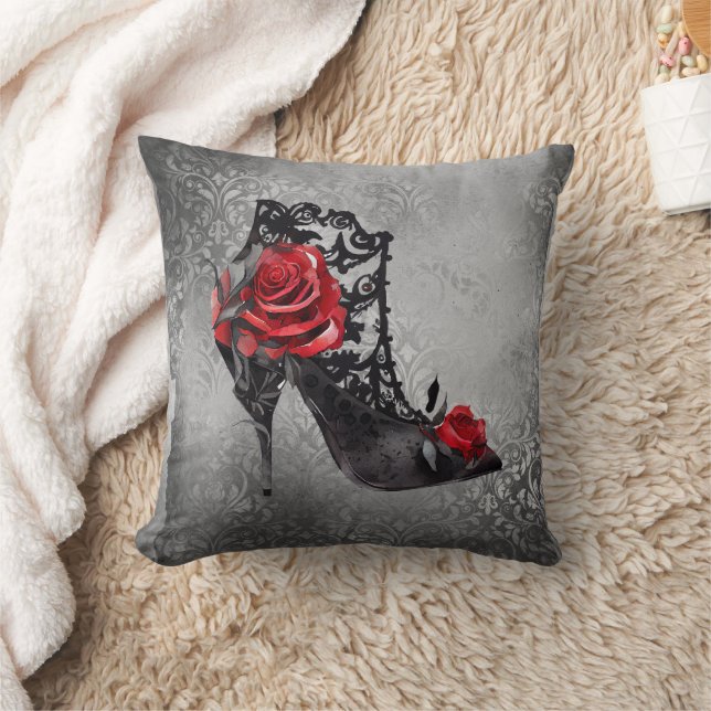 Vampy Vogue Grunge | Stiletto Lace Bootie Roses Throw Pillow (Blanket)