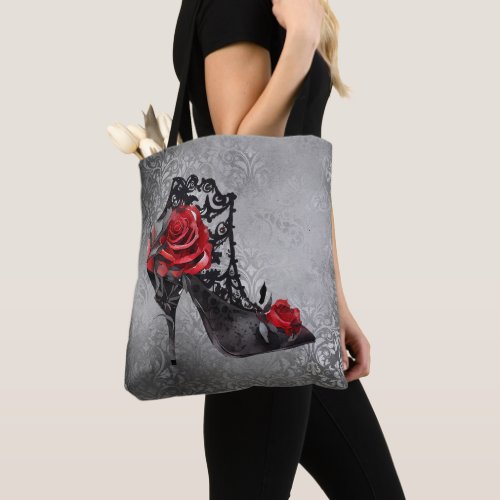Vampy Vogue Grunge  Stiletto Lace Bootie Roses Tote Bag