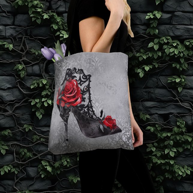 Vampy Vogue Grunge | Stiletto Lace Bootie Roses Tote Bag (Creator Uploaded)