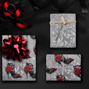 Vampy Vogue Grunge Stiletto Lace Bootie Roses Wrapping Paper Sheets