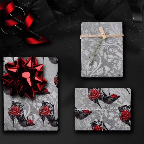 Vampy Vogue Grunge  Stiletto Lace Bootie Roses Wrapping Paper Sheets
