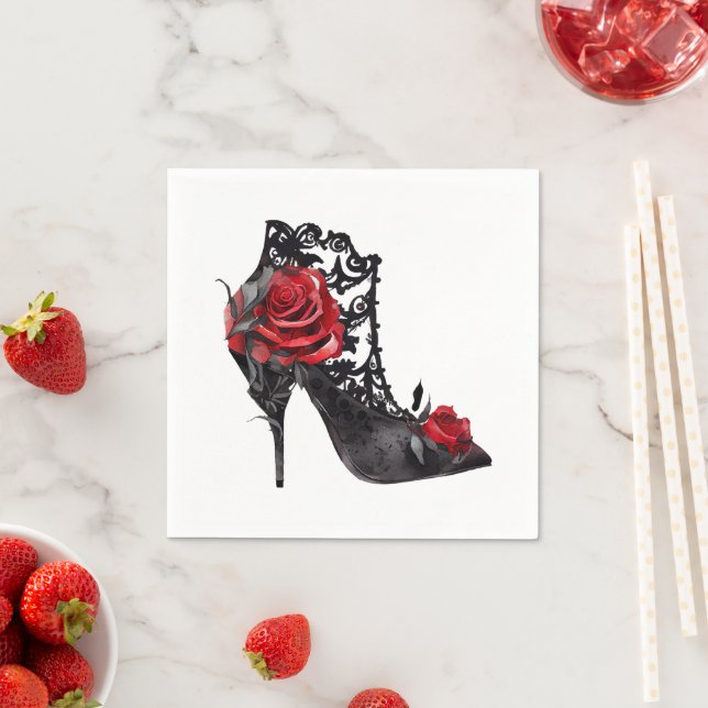 Vampy Vogue | Stiletto Lace Bootie and Red Roses Napkins (Insitu)