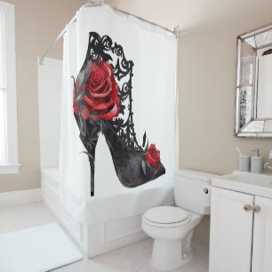 Vampy Vogue Stiletto Lace Bootie and Red Roses Shower Curtain