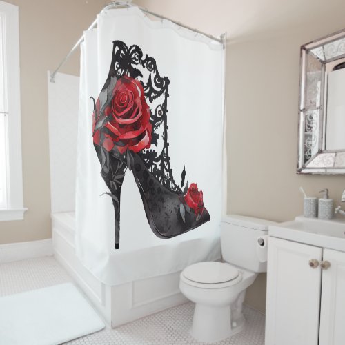 Vampy Vogue  Stiletto Lace Bootie and Red Roses Shower Curtain