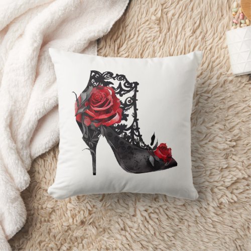 Vampy Vogue  Stiletto Lace Bootie and Red Roses Throw Pillow