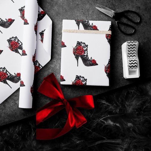 Vampy Vogue  Stiletto Lace Bootie and Red Roses Wrapping Paper