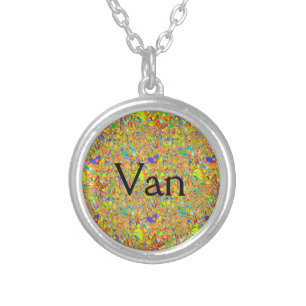 Van female name with abstract art background silver plated necklace