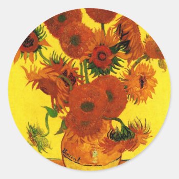 Van Gogh 15 Sunflowers Classic Round Sticker by unique_cases at Zazzle