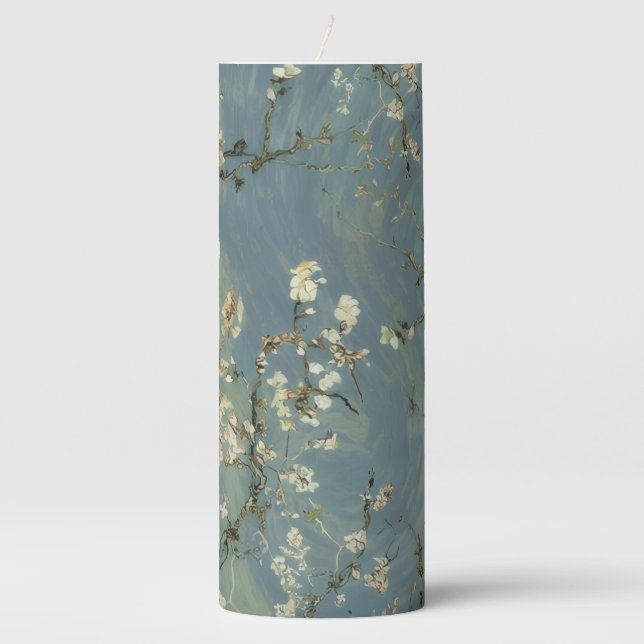 Van Gogh Almond Blossom Art Teal Blue Pillar Candl Pillar Candle (Front)