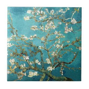 Van Gogh Almond Blossoms art white flowers on blue Tile