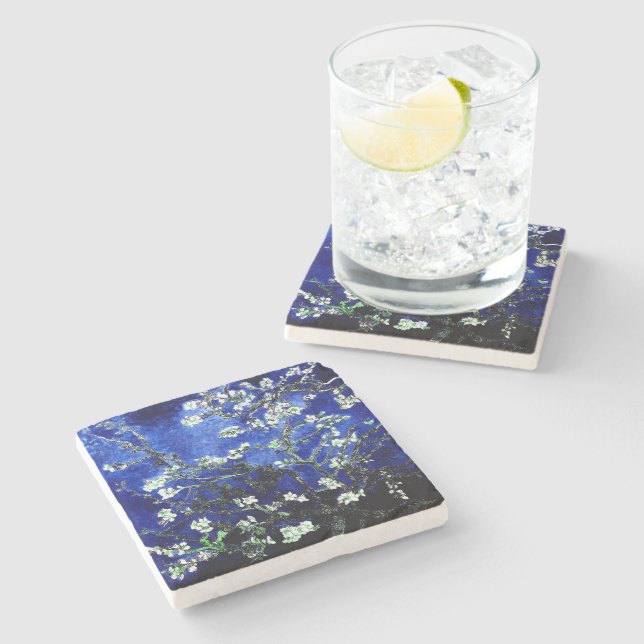 Van Gogh Almond Blossoms blue green Stone Coaster (Side)