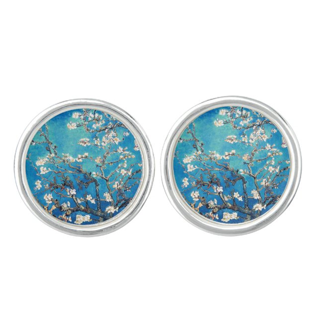 Van Gogh Almond Blossoms bright turquoise Cufflinks (Front)