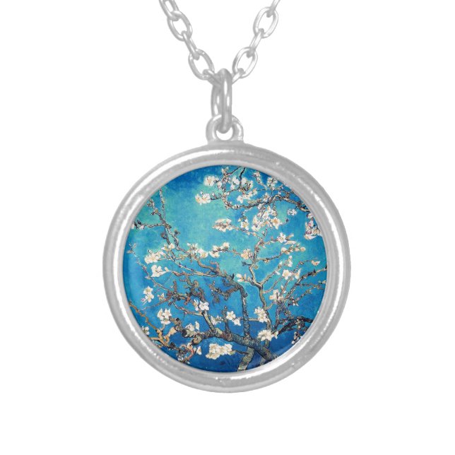 Van Gogh Almond Blossoms bright turquoise Silver Plated Necklace (Front)