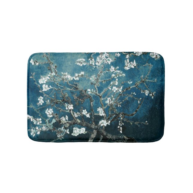 Van Gogh Almond Blossoms Dark Teal Bath Mat (Front)