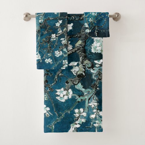 Van Gogh Almond Blossoms  Dark Teal Bath Towel Set