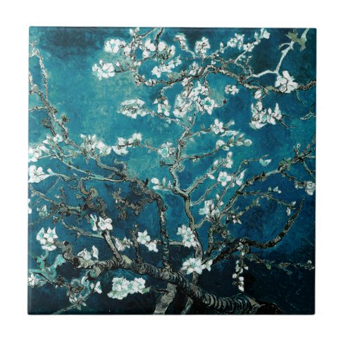 Van Gogh Almond Blossoms  Dark Teal Ceramic Tile