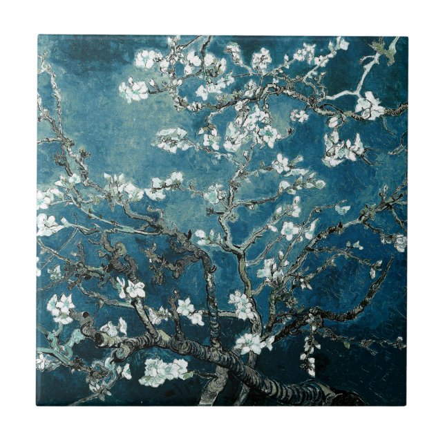 Van Gogh Almond Blossoms : Dark Teal Ceramic Tile (Front)