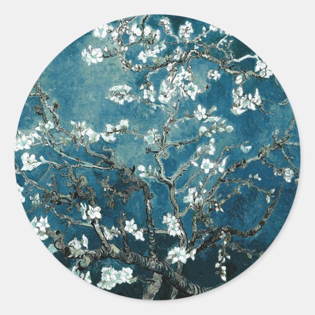Van Gogh Almond Blossoms Dark Teal Classic Round Sticker (Front)