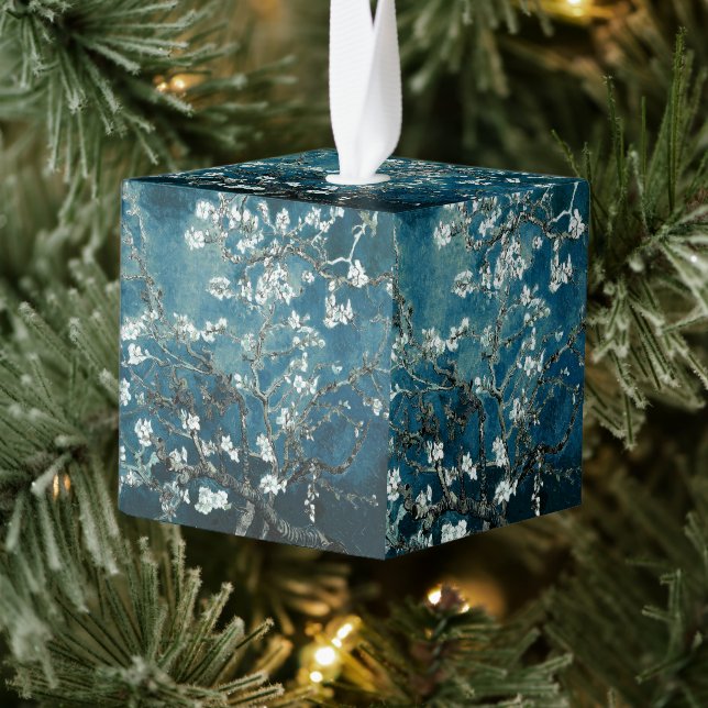 Van Gogh Almond Blossoms Dark Teal Cube Ornament (Tree)