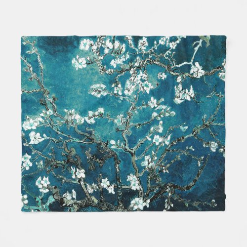 Van Gogh Almond Blossoms Dark Teal Fleece Blanket