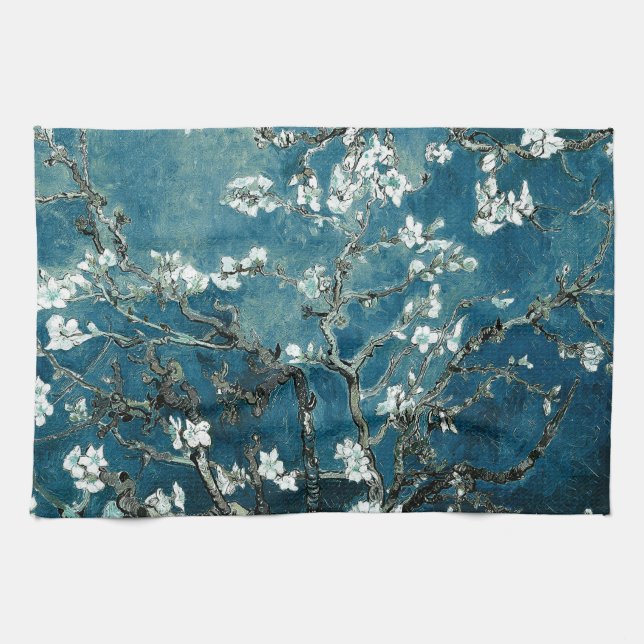 Van Gogh Almond Blossoms : Dark Teal Kitchen Towel (Horizontal)