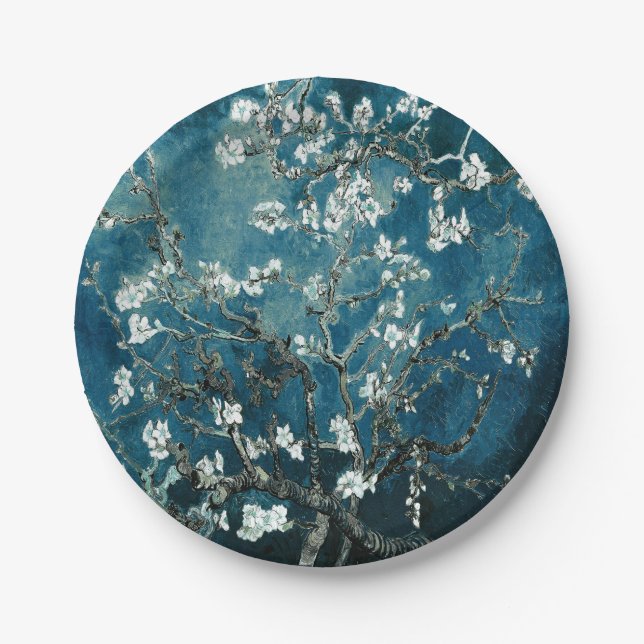 Van Gogh Almond Blossoms Dark Teal Paper Plates (Front)