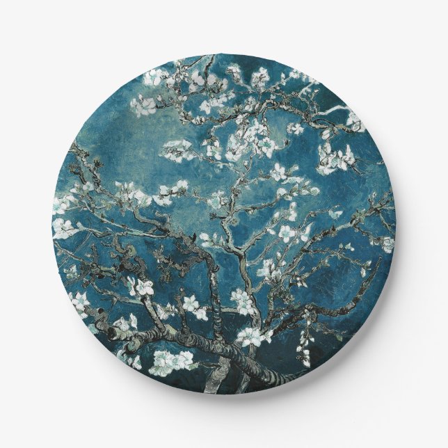 Van Gogh Almond Blossoms : Dark Teal Paper Plates (Front)