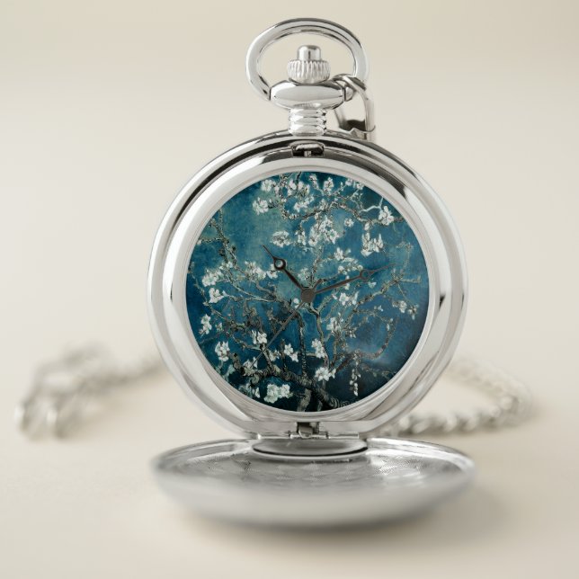 Van Gogh Almond Blossoms Dark Teal Pocket Watch (Inside)