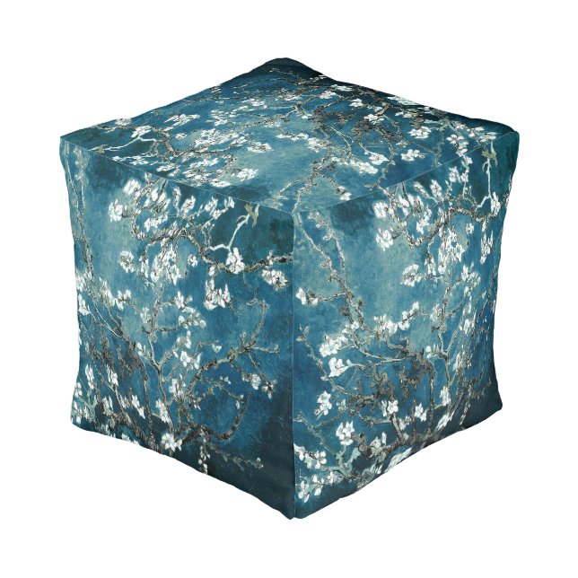 Van Gogh Almond Blossoms Dark Teal Pouf (Angled Back)