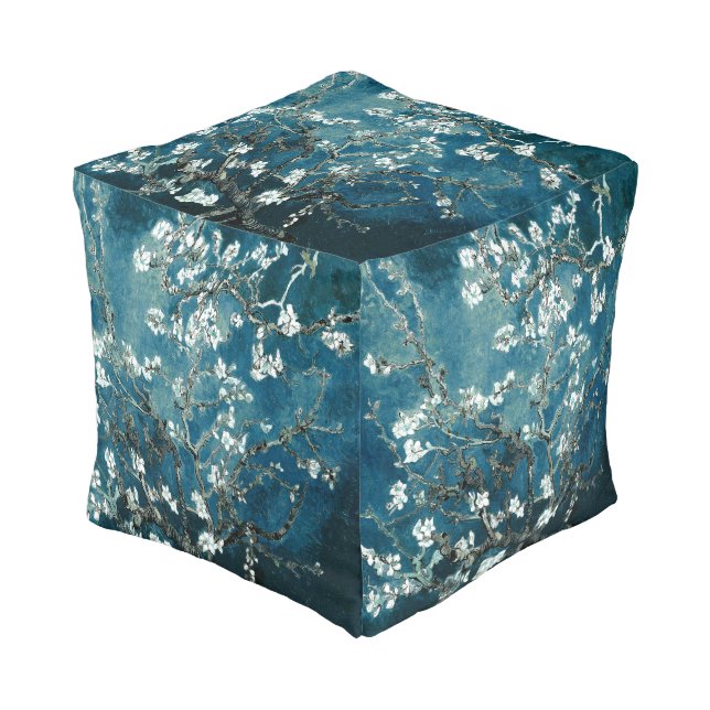 Van Gogh Almond Blossoms : Dark Teal Pouf (Angled Front)