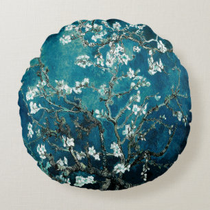 Van Gogh Almond Blossoms Dark Teal Round Pillow