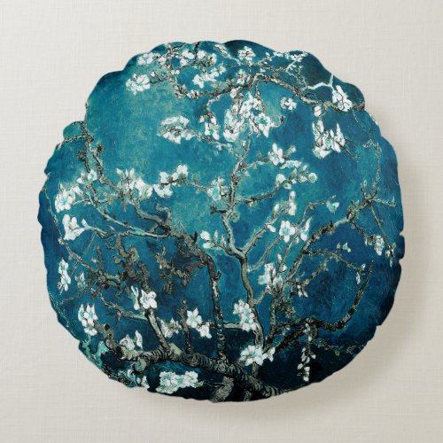 Van Gogh Almond Blossoms Dark Teal Round Pillow