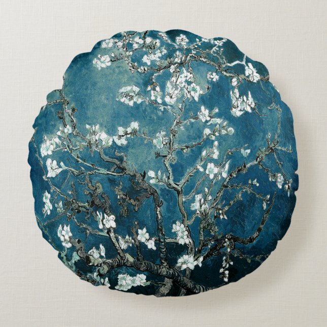Van Gogh Almond Blossoms Dark Teal Round Pillow (Front)