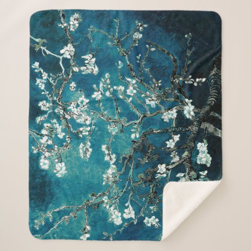 Van Gogh Almond Blossoms  Dark Teal Sherpa Blanket