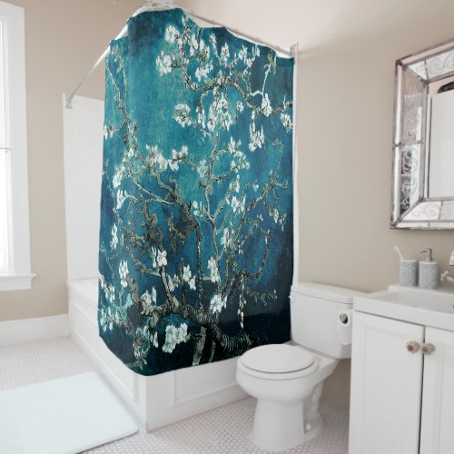 Van Gogh Almond Blossoms Dark Teal Shower Curtain