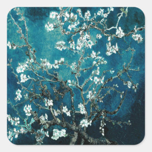 Van Gogh Almond Blossoms : Dark Teal Square Sticker