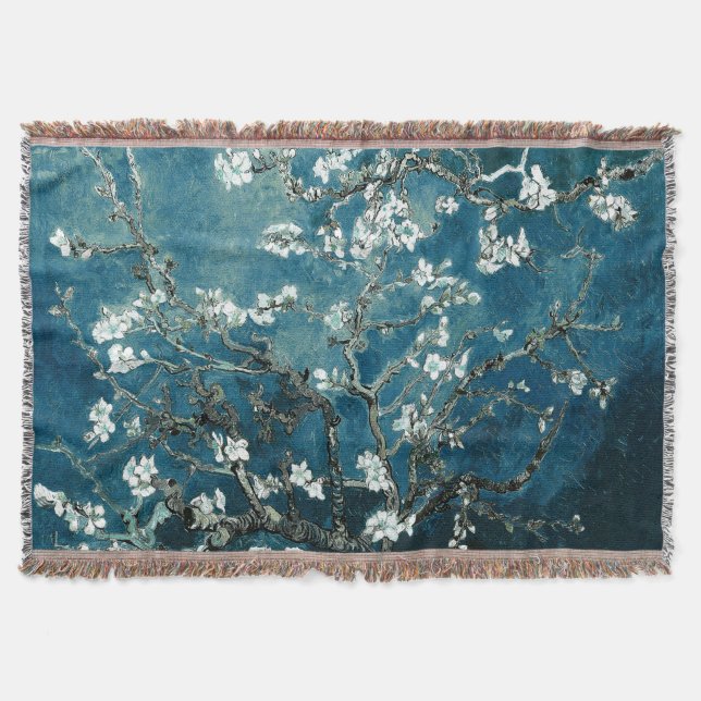 Van Gogh Almond Blossoms : Dark Teal Throw Blanket (Front)