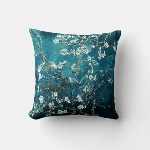 Van Gogh Almond Blossoms Dark Teal Throw Pillow