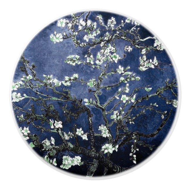 Van Gogh Almond Blossoms Midnight Blue Ceramic Knob (Front)