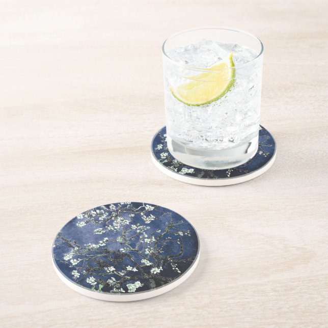 Van Gogh Almond Blossoms Midnight Blue Coaster (Side)