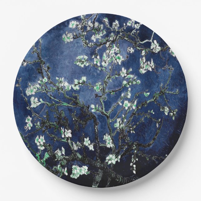 Van Gogh Almond Blossoms Midnight Blue Paper Plates (Front)