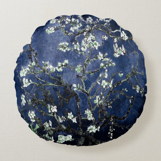 Van Gogh Almond Blossoms Midnight Blue Round Pillow (Front)