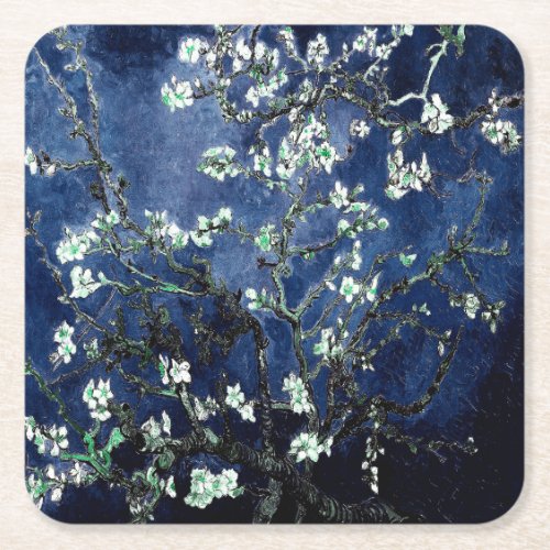 Van Gogh Almond Blossoms Midnight Blue Square Paper Coaster