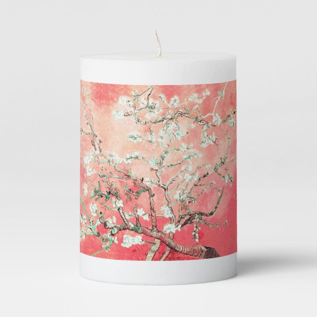 Van Gogh Almond Blossoms Peach Pillar Candle (Front)
