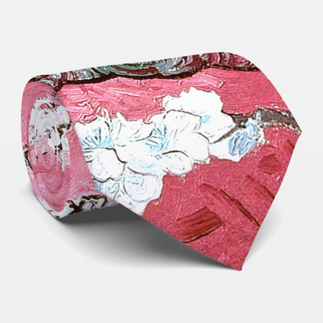 Van Gogh Almond Blossoms Pink Blue Neck Tie (Rolled)