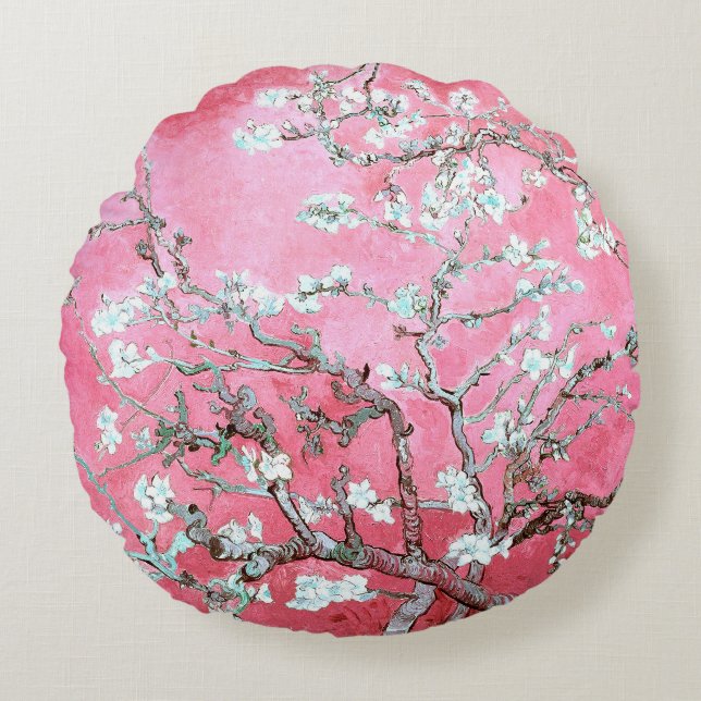Van Gogh Almond Blossoms Pink Blue Round Pillow (Front)