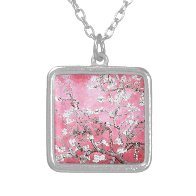 Van Gogh Almond Blossoms Pink Blue Silver Plated Necklace (Front)