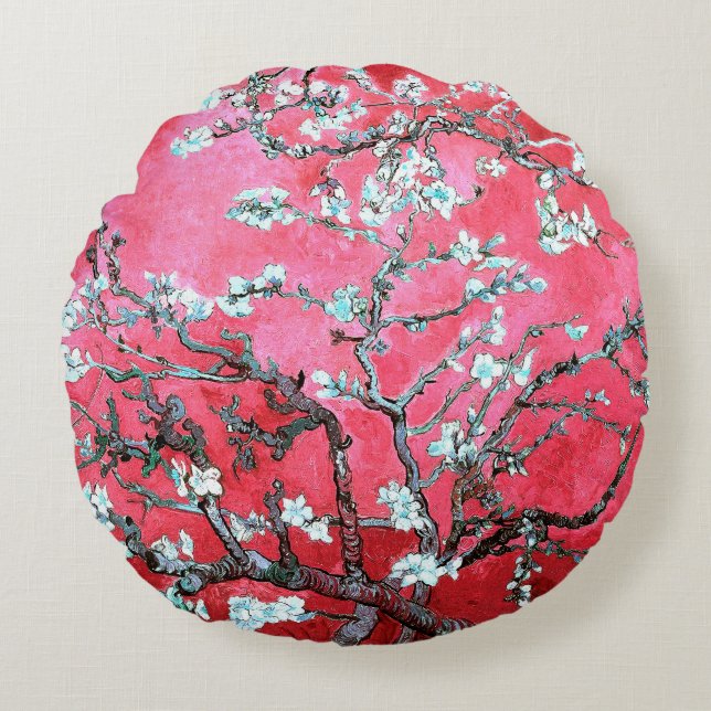 Van Gogh Almond Blossoms red blue Round Pillow (Front)