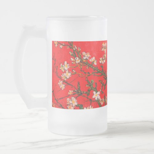 Van Gogh Almond Blossoms Red Frosted Glass Beer Mug